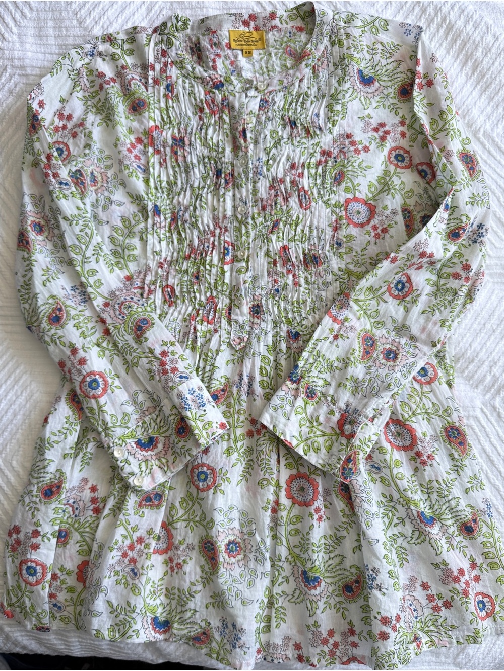 Roberta Roller Rabbit Cotton Floral Pintuck Tunic Top - White with Green & Coral